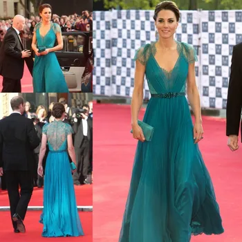

Best Selling Modest V-neck Kate Middleton Teal Cap Sleeves Lace Formal 2020 Prom Custom Made Bridesmaid Dresses