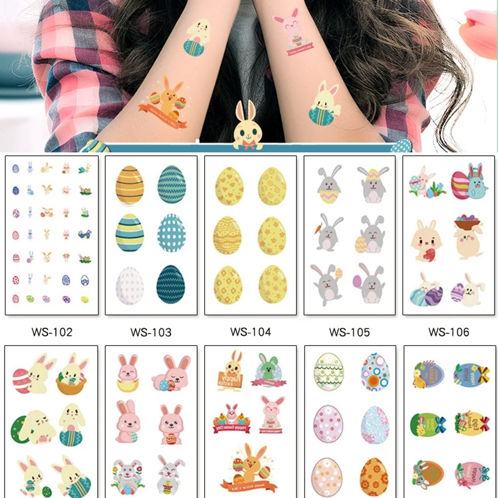 

10 kinds Easter Bunny Cartoon Tattoo Temporary Body Sticker Colorful Eggs Rabbit Disposable tatouage temporaire