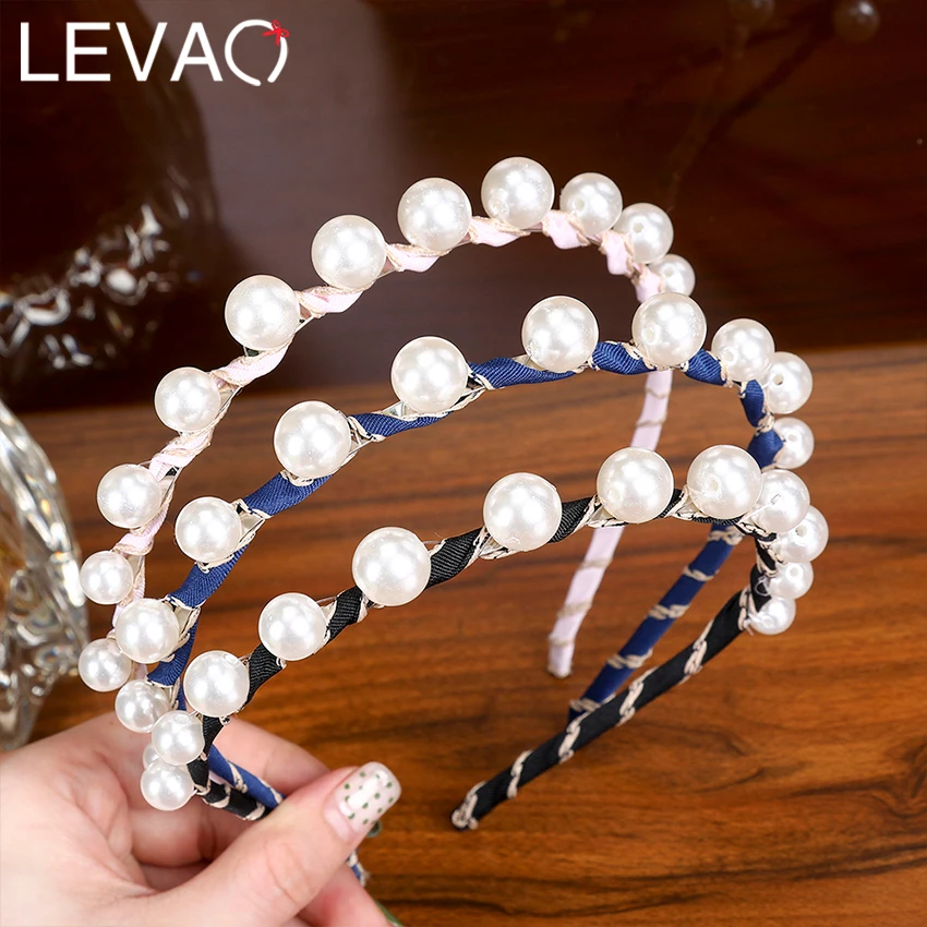 

Levao Big Stimulation Pearls Female Hairband for Party Muti-color Cotton Thread Twisted Alloy Headband for Girl Hair Accessories