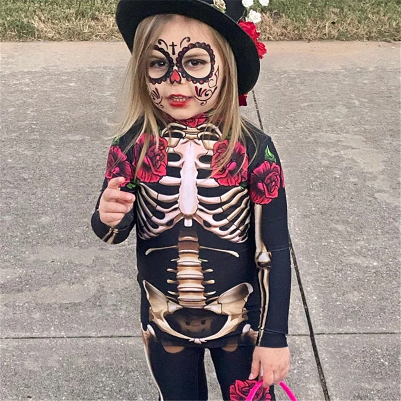 Halloween Horror Skull Rose Flower Skeleton Jumpsuit Cosplay2022