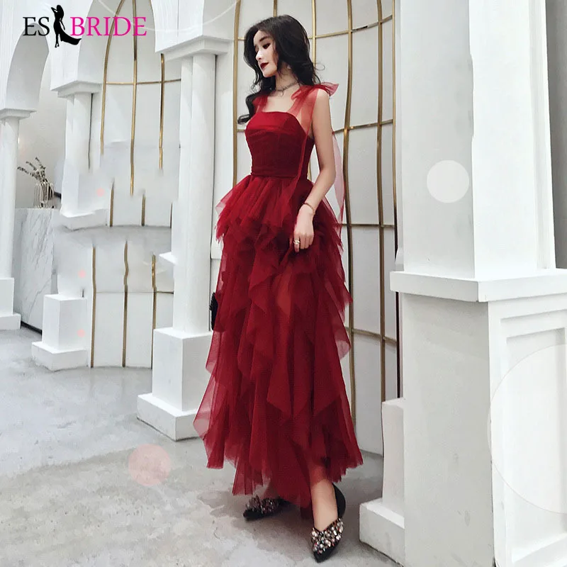

Red Women Formal Evening Dress ES30322 A Line Sleeveless Ruffles Tulle Student Party Evening Dresses Long Vestido De Festa Longo