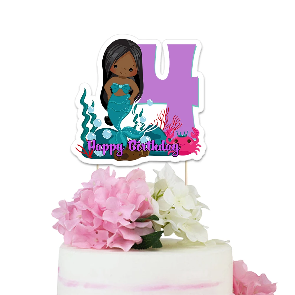 Mermaid Theme Party Paper Cake Topper Black Hair Girl Mermaid Kids Event Birthday Party Decorations Supplies Custom-Made Topper - Цвет: happy birthday4