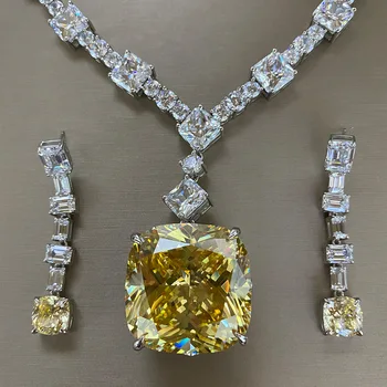 

Women 100% pure 925 sterling silver big square Yellow stone Earrings and necklaces romantic jewelry set for wedding party