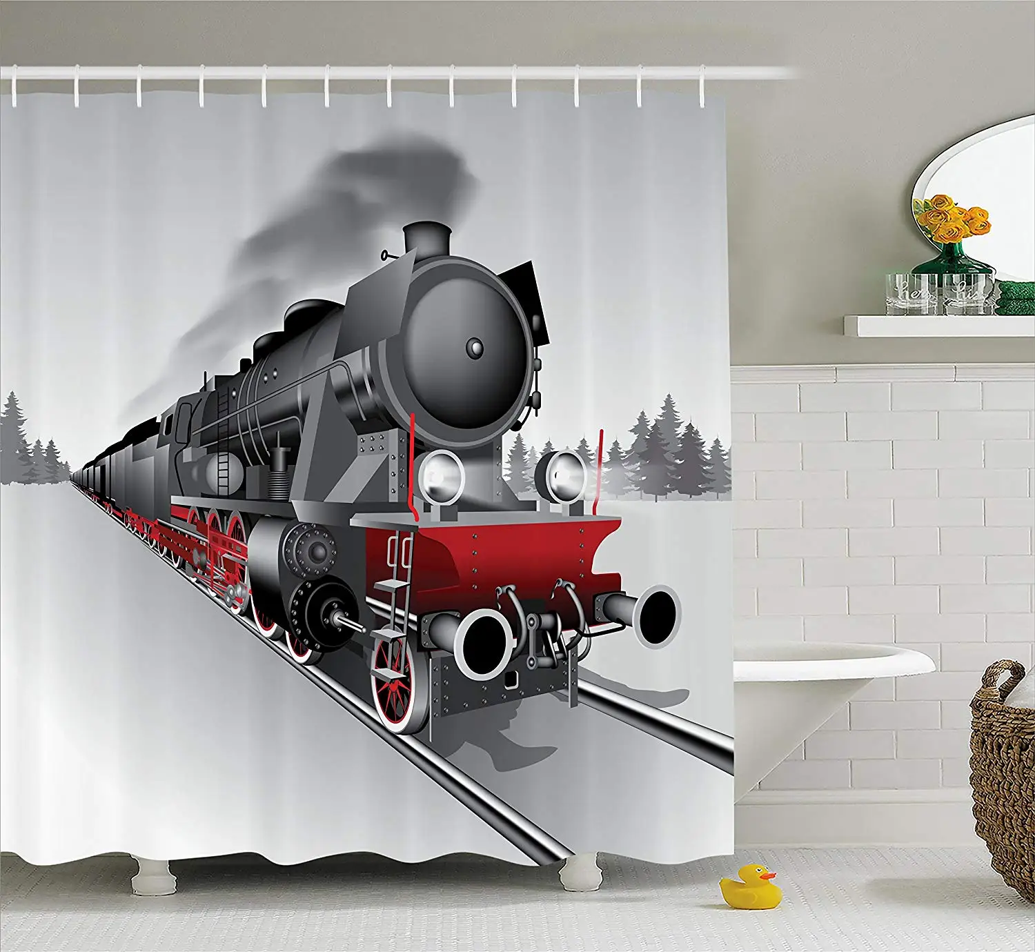 Steam Engine Shower Curtain Red Black Train with Headlights