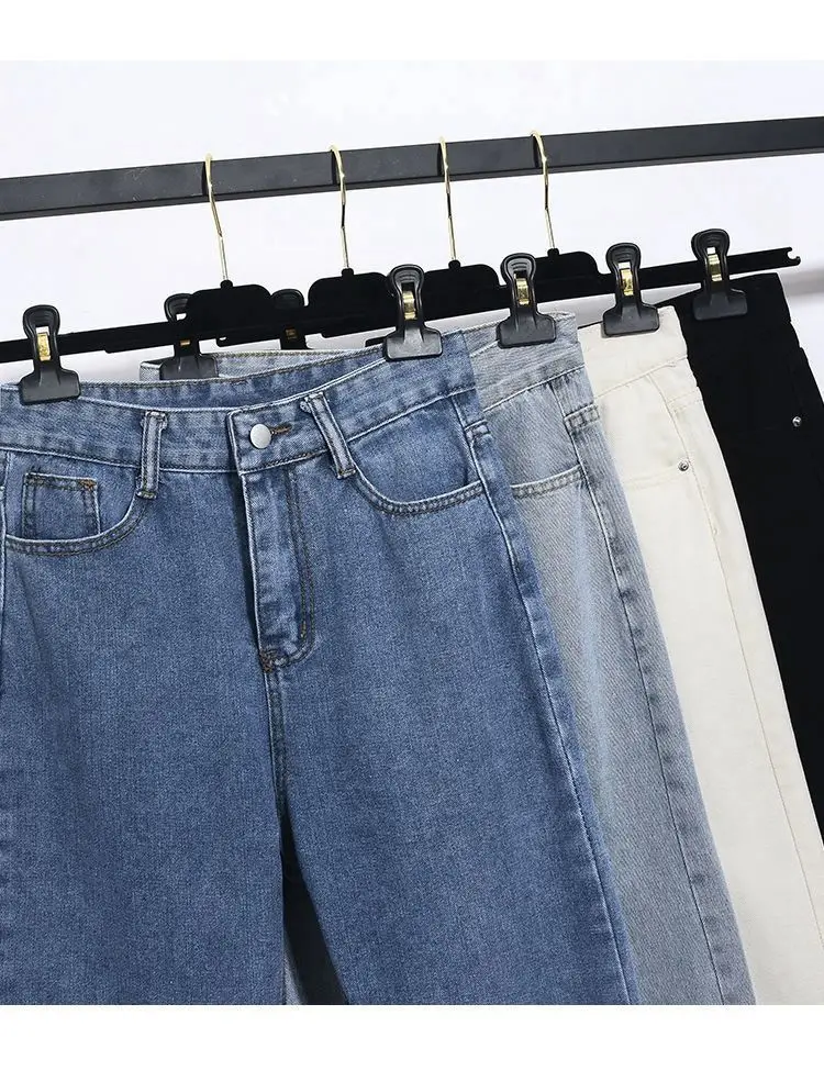 Jeans jeans solto de cintura alta feminino,