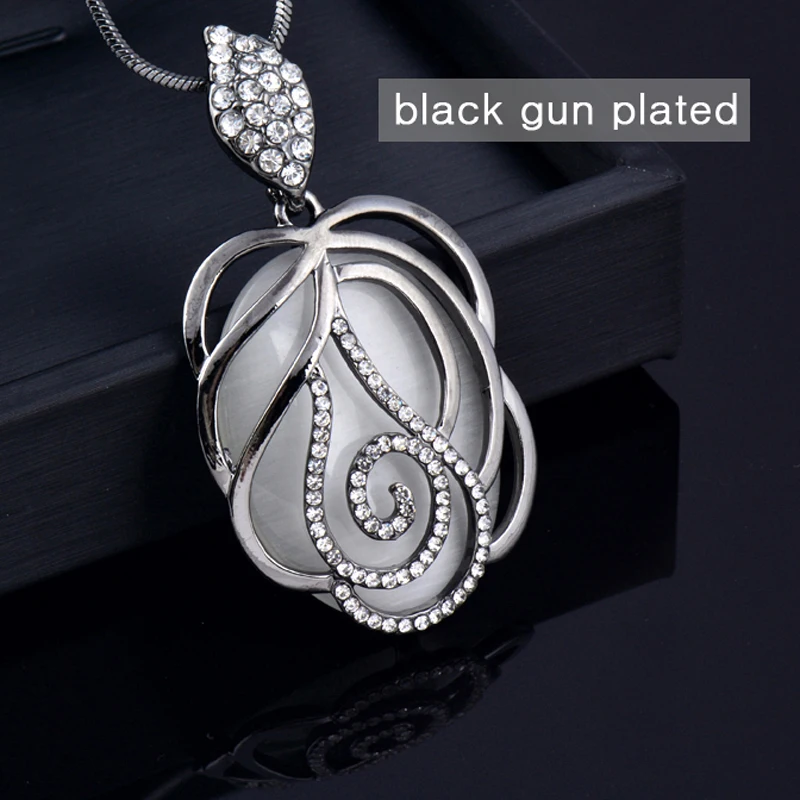 LEEKER Винтажный стиль полый цветочный узор Большой опал кулон длинное ожерелье