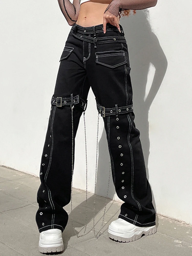 Punk Cargo Pants Emo Alt Harajuku Black Buckle Chain Denim Trousers Women Casual Y2k Cyber Straight Jeans Hippie Pockets Pants track pants