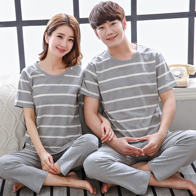 Summer 100% Cotton Couples Pajamas Set Short Sleeve Top Long Pants Sleepwear Men and Women Loose Style Plain Home Suit Pjs | Женская