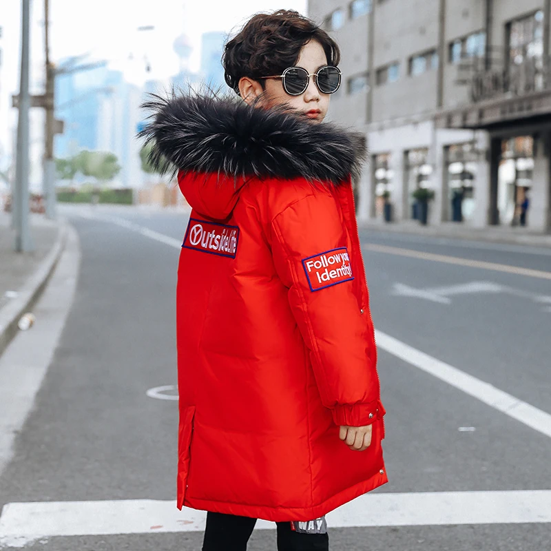 

80% White duck down Raccoon fur collar boys Down jacket 4-13 years kids winter jacket Labeling letters long Thick Windbreaker