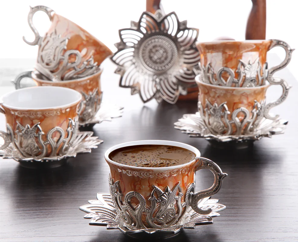 

Espresso Coffee Cups with Saucers Set x 6, Porcelain Turkish Arabic Greek Coffee Cup and Saucer, silver/Orange Color