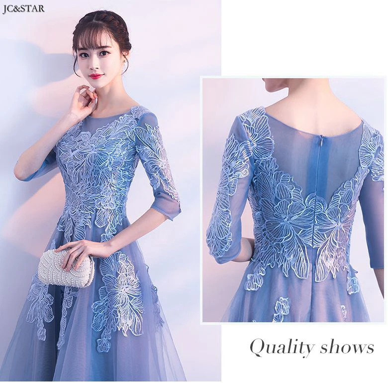 Vestidos de fiesta largos elegantes de gala boda Черпак шеи Кружева Половина рукава линия Серебряный Розовый пыльно-синий платье подружки невесты