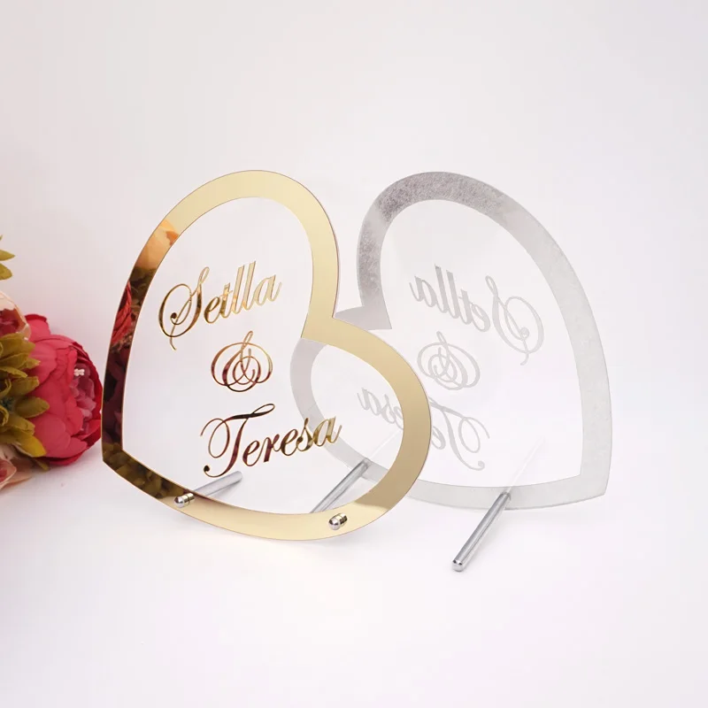 Heart Shape Name Wedding Decoration Acrylic Mirror Frame Welcome Word Sign Party Decor With Nail Guests Favor Gift
