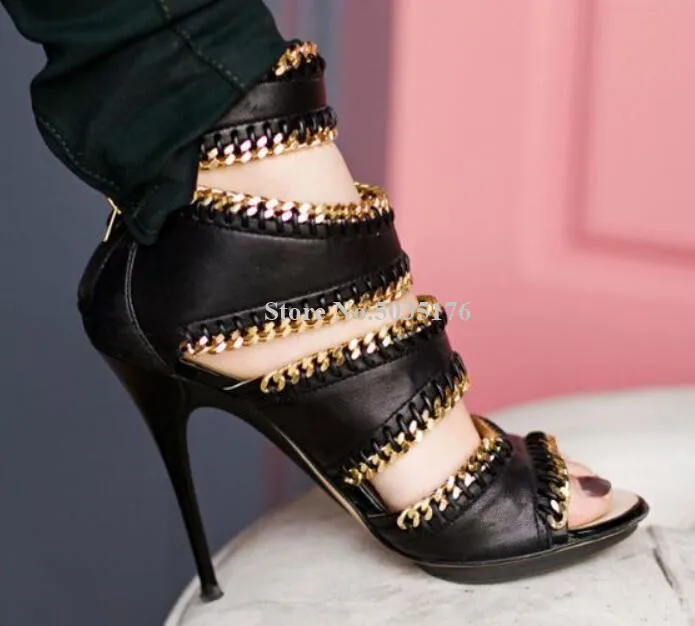 

McNabney Women Sandals Metal Chain Hollow Sexy Back Zipper Stiletto Heel Peep Toe Thin High Heel Fashion Solid Rome Ladies Shoes