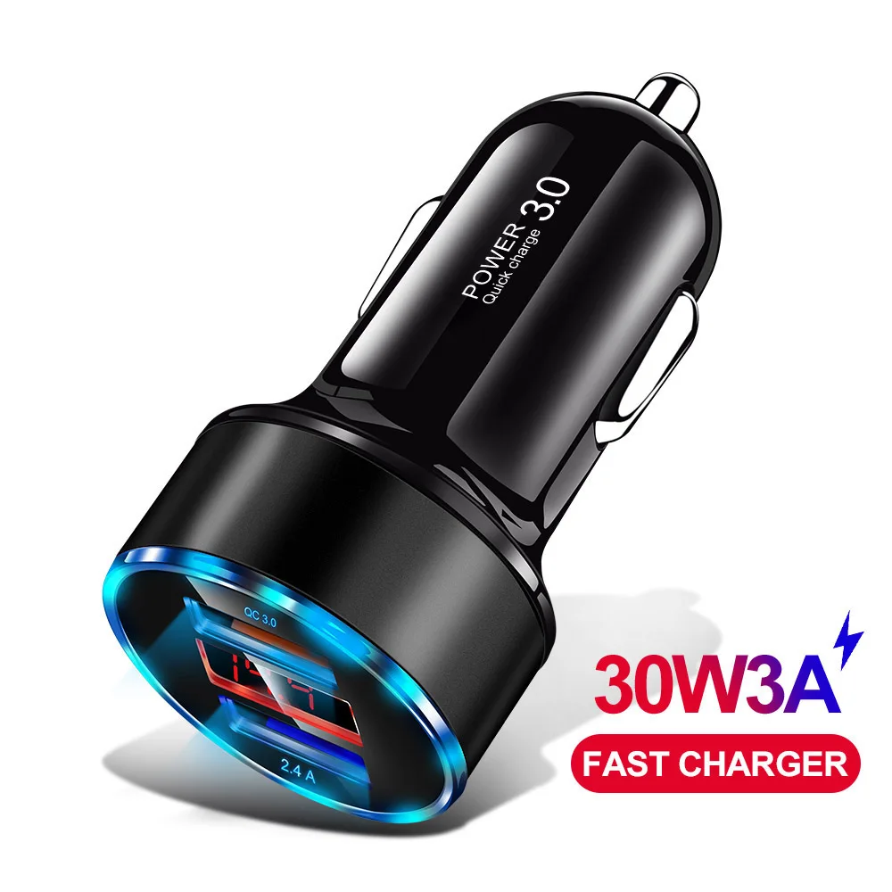 Олаф 30 Вт QC 3,0 быстрое USB Автомобильное зарядное устройство для iPhone X 8 7 samsung S10 Xiaomi Quick Charge 3,0 5 в 3 А двойной USB светодиодный дисплей автомобильное зарядное устройство - Тип штекера: QC 3.0 Black