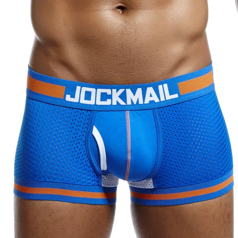 JOCKMAIL, фирменное мужское Сетчатое нижнее белье, боксеры, calzoncillos hombre, гей, одежда для сна, Cueca, боксеры, дышащие, промежность, хлопковые трусы, шорты - Цвет: JM401-Blue