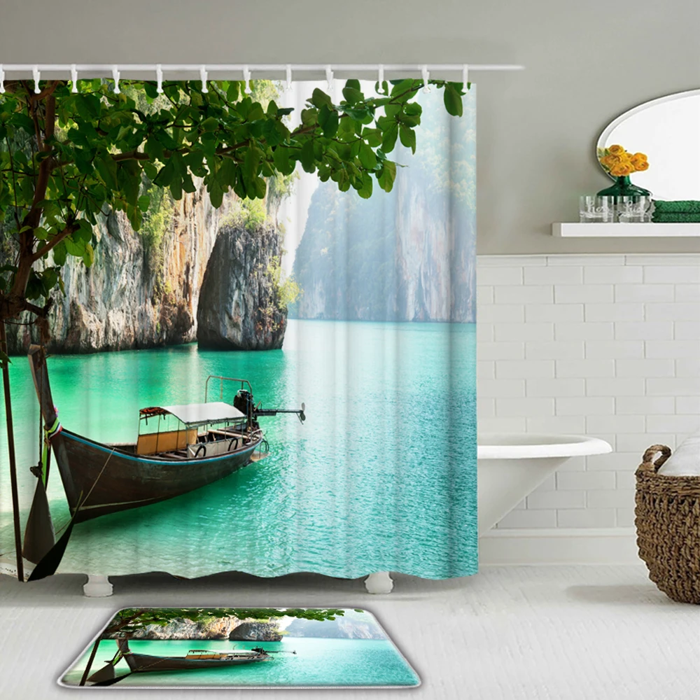 

3D Sunny Sea Beach Printed Shower Curtain with 12 Hooks Ocean Palm Trees Landscape Home Decoration Waterproof Bathroom Curtains