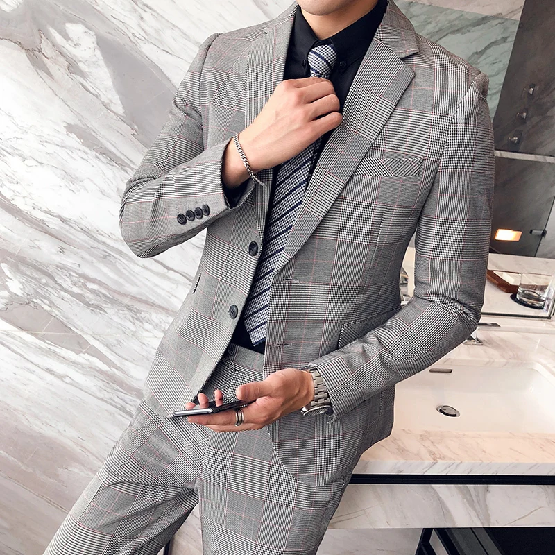 

Suit Men's Suits Slim Korean Version Of The Young British Wind Night Plaid Wedding Casual Suit Male Houndstooth (shirt + Pants)