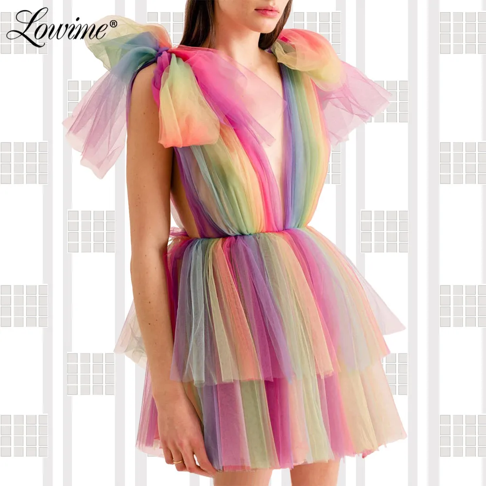 

Rainbow Mini Cocktail Dreses Deep V Neck Sexy Party Gowns 2019 Vestidos De Coctel Custom Robe Cocktail Homecoming Dress Newest