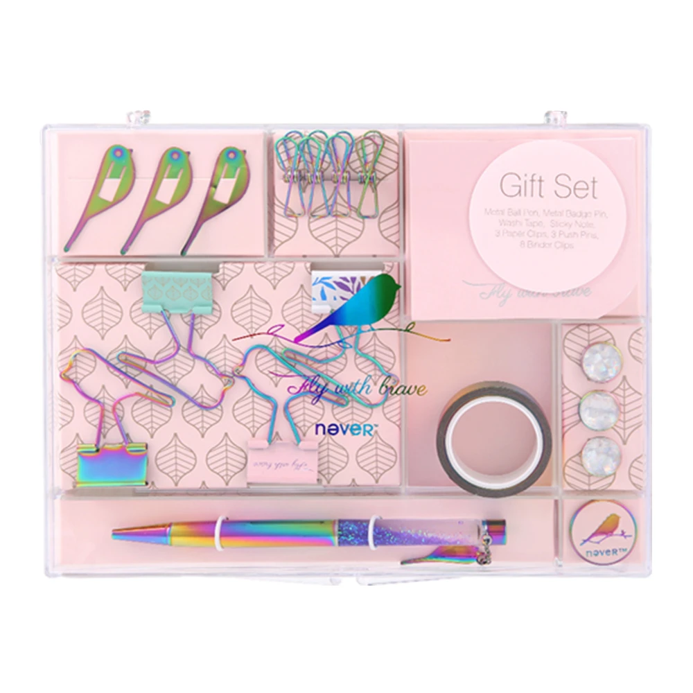Rainbow Stationery Gift Set Creative Office Supplies Collector Pen Washi Tape Binder Clips Memo Note Cube Value Pack | Канцтовары для