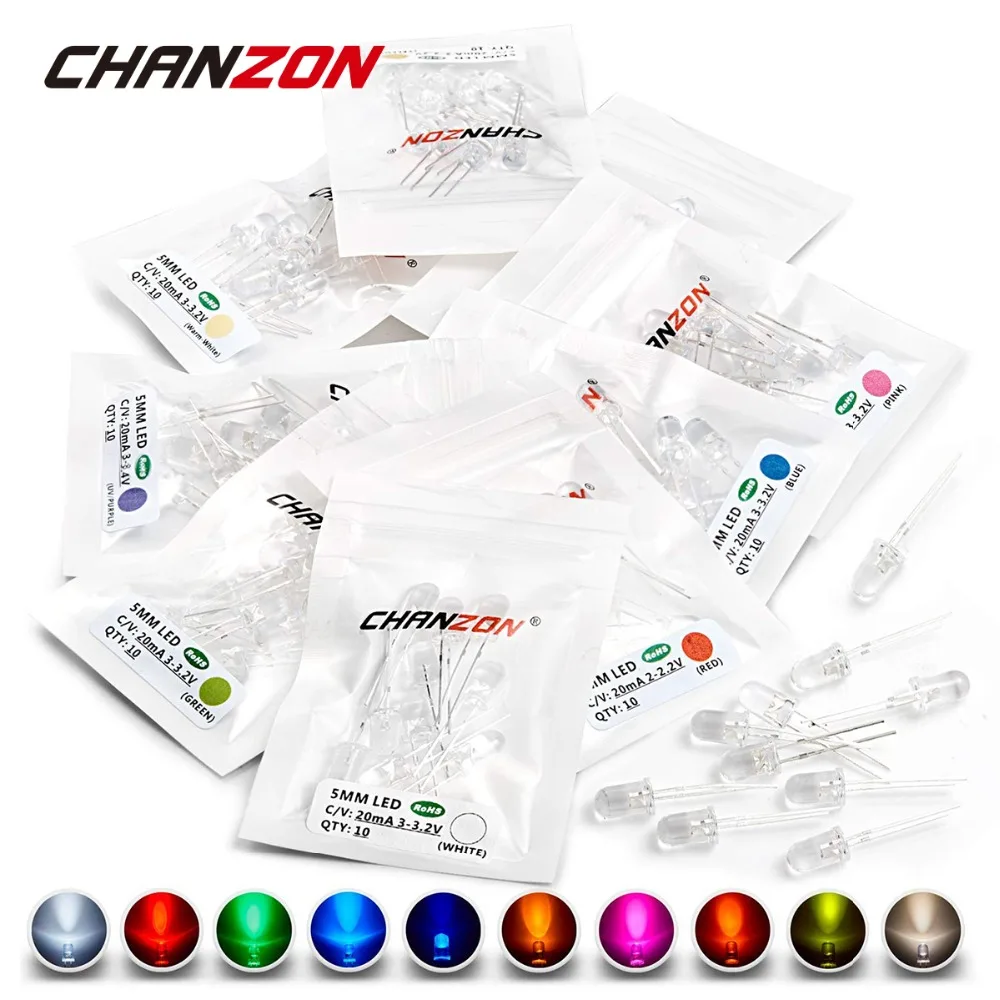 100pcs 5mm LED Diode Ultra Bright Warm White Red Green Blue UV Purple Yellow Orange Pink 2V 3V 20mA F5 Emitting Assortment Set