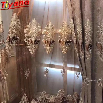 

Coffe Embroidery Blackout Noble Window Drapes Villa Nordic Classic Luxury Chenille Thick Curtains for Living Room X-HM097#GI