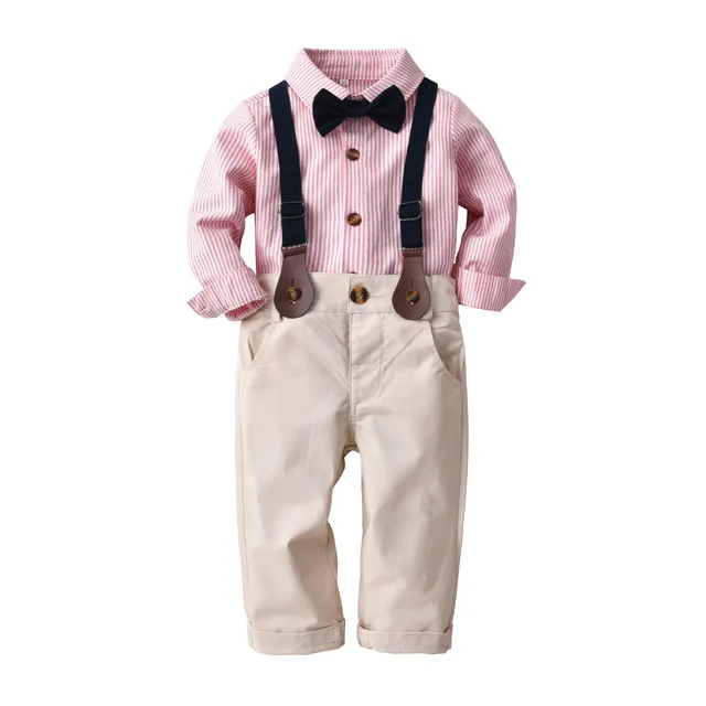 Строгий костюм с рубашкой для новорожденного джентльмена на 1 год рубашка с галстуком-бабочкой для маленьких мальчиков+ брюки на подтяжках комплект одежды из 2 предметов