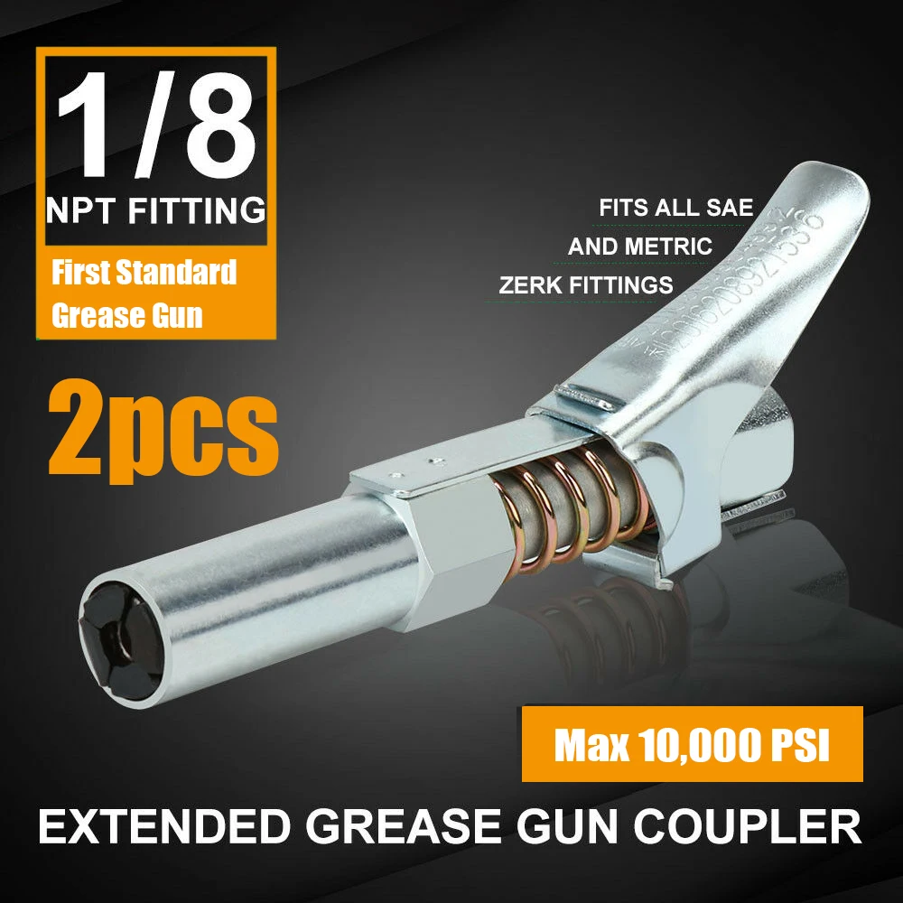 

2PCS Grease Coupler Locks onto Fittings Rated 10,000 PSI 1/8 inch NPT Extended Grease Gun Coupler Self-Locking Quick Release