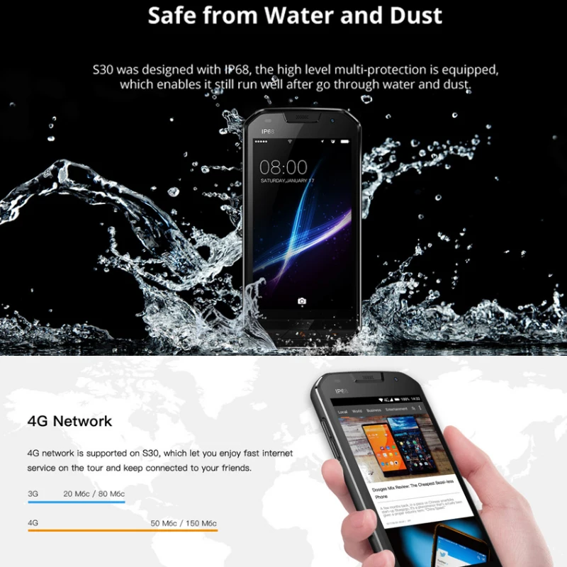 DOOGEE S30, 4G LTE, мобильный телефон, 5,0 дюймов, четыре ядра, 2 Гб ОЗУ, 16 Гб ПЗУ, Android 7,0, 5580 мА/ч, двойная камера, IP68, водонепроницаемая, отпечаток пальца