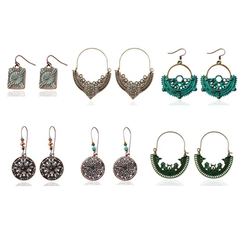 

6Pairs/lot Vintage Flower Earings Set 2020 Gold Copper Green Big Earrings Dangle Women 2019 Indian Jewelry Earing Set Wholesale