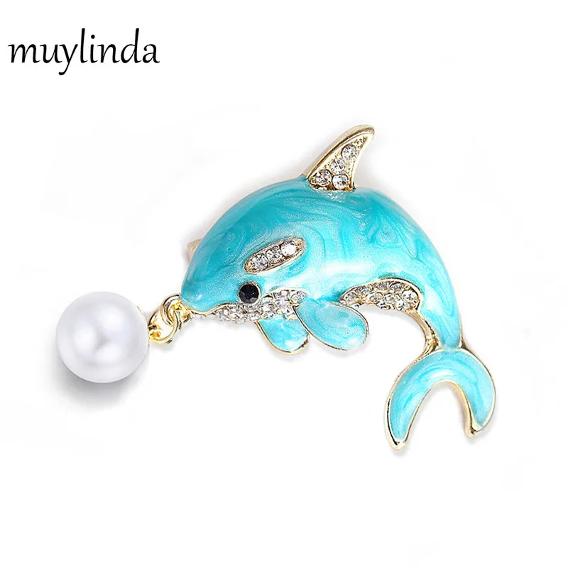 

Muylinda Enamel Pin Dolphin Simulated Pearls Brooch Jewelry Vintage Rhinestone Clothes Scarf Clip Accessories Brooches For Women