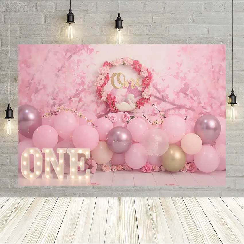 Avezano 1St Birthday Background For Photography Girl Pink Balloon Floral Wall Swan Princess Photo Background Studio Photozone Prop
