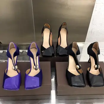 

2020 New Square Toe Sandals Spring Summer Sexy High Thin Heels Hot Genunie Leahter Shoes Woman Chic Designer Pumps Ladies Shoes