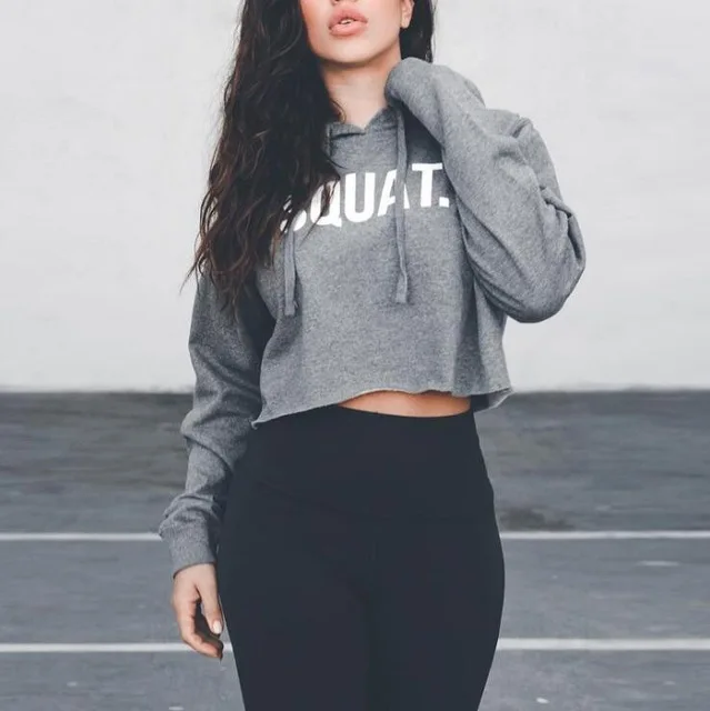 Personality Cotton Letter Crop Top Sports Yoga Shirts Women Spring Autumn Long Sleeves Hoodie Sweatshirt  Gym Workout T-shirts Gray