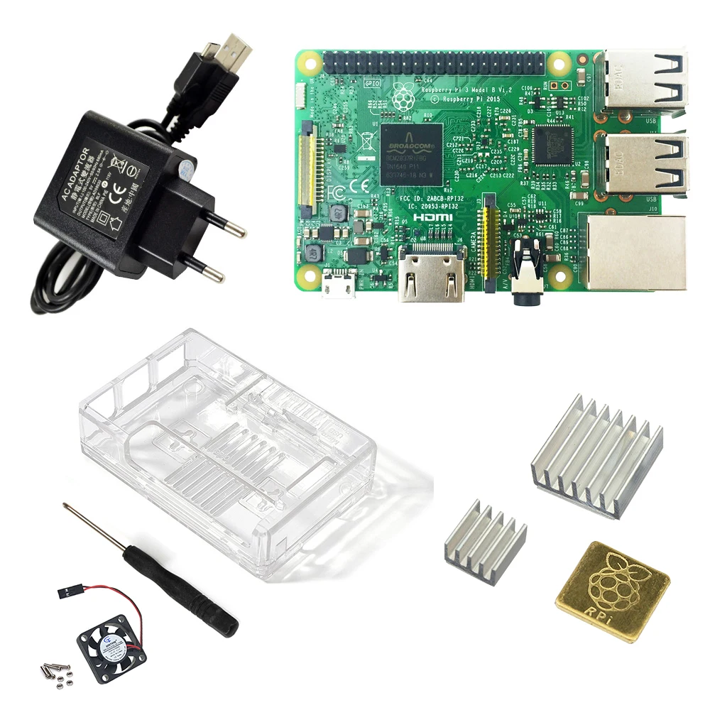  Raspberry Pi 3 Model B starter kit-pi 3 board / pi 3 case / EU power plug/with logo Heatsinks pi3 b