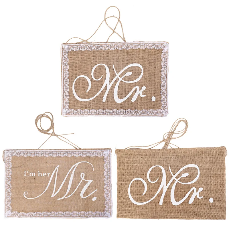

2pcs/pack Burlap Chair Banner Mr & Mrs Jute Burlap Groom and Bride Photo Props Chair Decor linen Flag Vintage Wedding Decoration