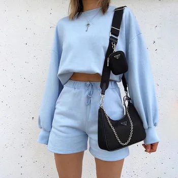 

SEASONS Women Sporty 2 Piece Set Pullover Lantern Sleeve Top Biker Shorts Casual Matching Set Autumn Loose Sportswear ASSU81746