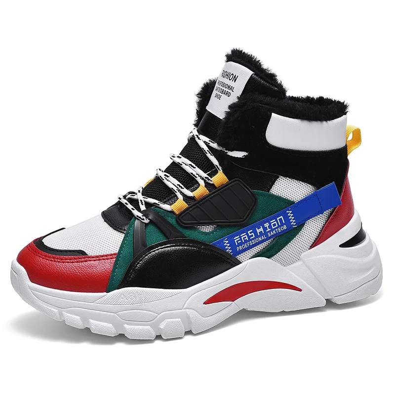 

Male winter warm fur plush High top men running boots sport shoes for men mix color sneakers outdoor jogging walking shoes