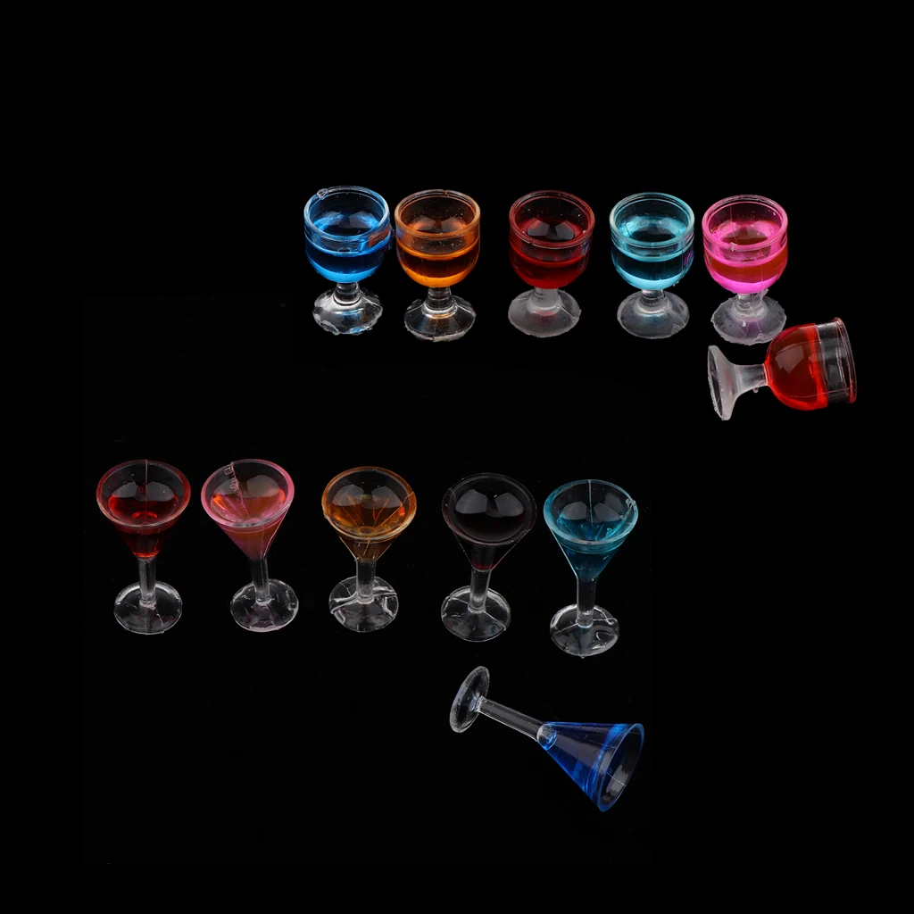 12 Pieces Sharp & Round Cocktail Glasses Fashion Drink Goblets with 6 Colors for 1/12 Dollhouse Bar Accessories Table Decoration