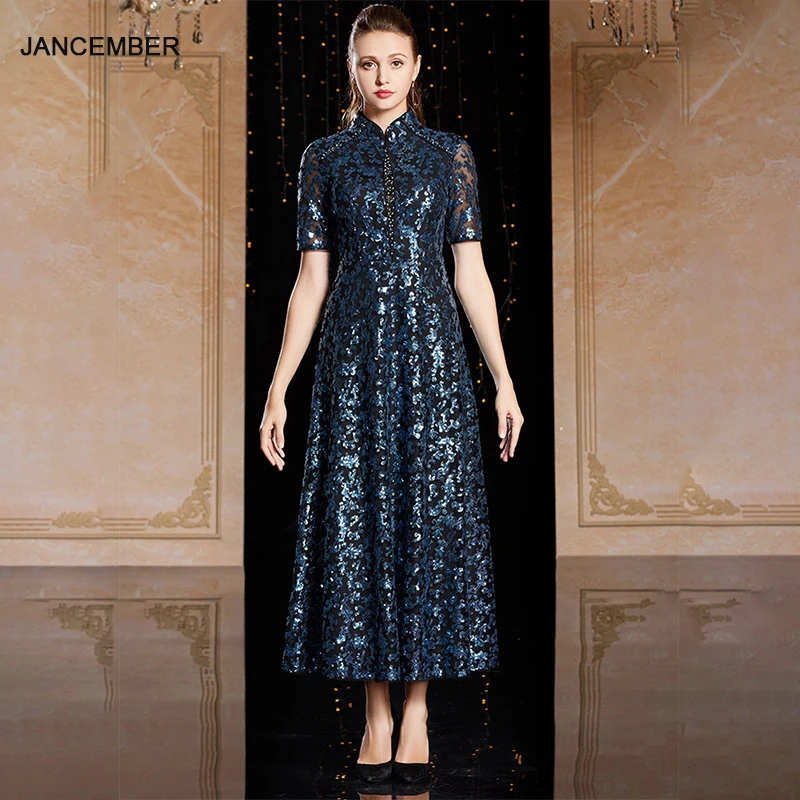 

JANCEMBER Customized Evening Dresses Long High Neck Short Sleeves Crystal Straight Prom Dresses 2020 Vestidos De Fiesta De Noche