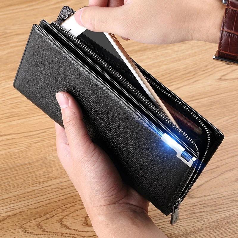 Genuine Leather Clutch Bag Wallet Long Men Phone Purse Business Card Holder Zipper&Hasp High Quality Brand Large capacity 2020 3