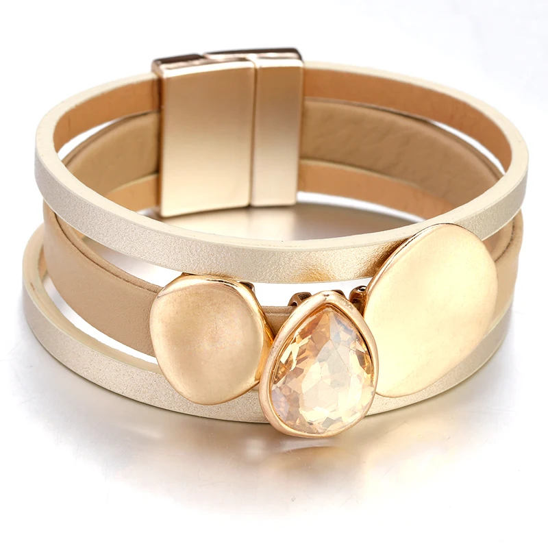 

AMORCOME Handmade Crystal Leather Magnet Buckle Bracelet For Women Fashion Big Gem Multilayer PU Wrap Wide Bracelets & Bangles