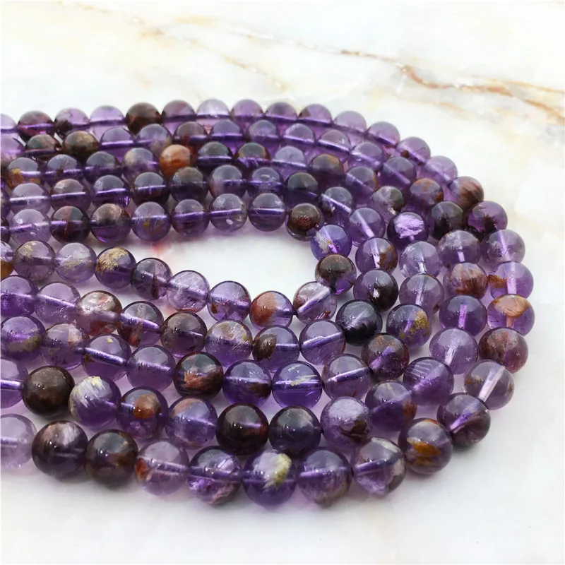 

Fashion High Quality Natural Purple Phantom Stone Quartz Cacoxeni Smooth Amethysts Round Beads Crystal Gem For Design Jewelry