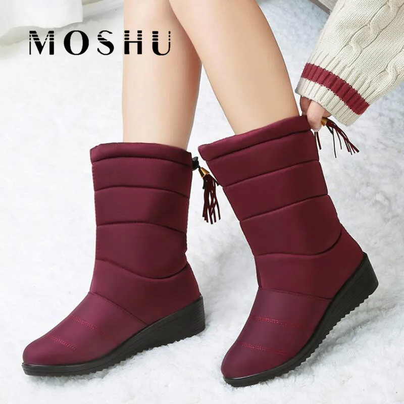 

Waterproof Winter Boots Female Shoes Woman Mid-Calf Snow Boots Ladies Slip On Bootie Fringe Wedges Down Plush Botas Mujer 2019