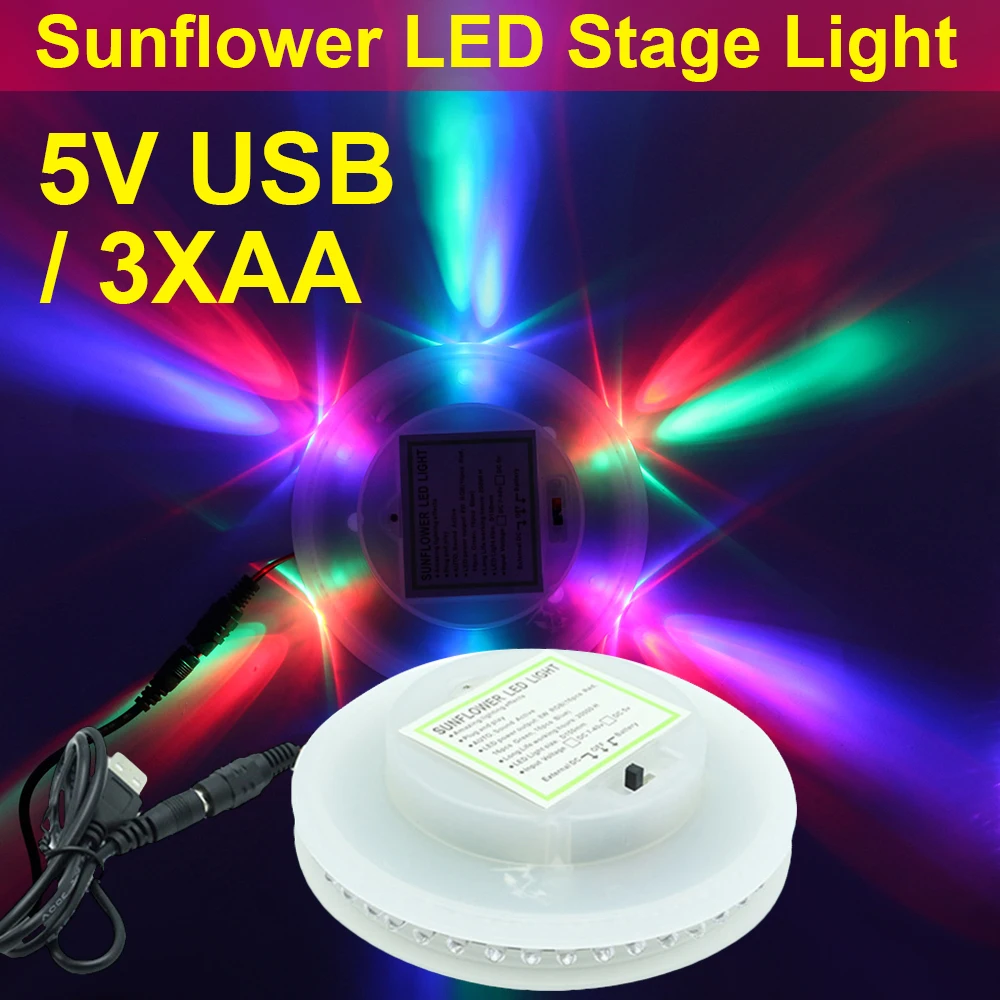 

Sale 5V DJ Light Auto Rotating Sound Music Control LED Stage Light Lamp RGB Party Club Lights Show USB Battery Operated D30
