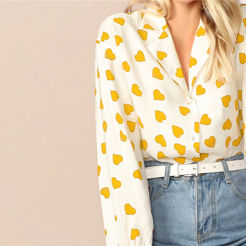 Dotfashion, повседневная желтая блузка с принтом сердца, женская рубашка, осень, на пуговицах, v-образный вырез, блузки для девушек, отделка, милый топ
