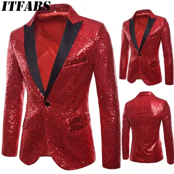 

Luxury Men's Suit Formal Slim Fit One Button Sequin Blazer Coat Jacket Tops Nightclub Hosted Ceremonial Studio gold Sequin Suit