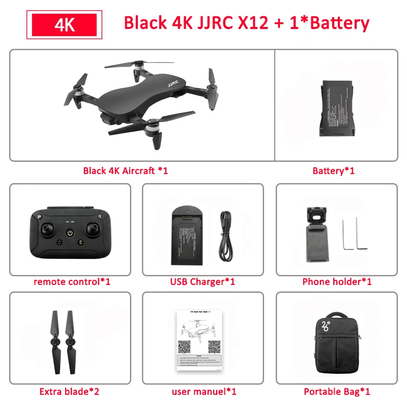 Black 4K 1Battery JJRC X12 анти-встряхивание 3 оси Gimble gps Дрон с Wi-Fi FPV 1080P 4K HD камера бесщеточный мотор складной Квадрокоптер Vs H117s Zino - Цвет: Black 4K 1Battery