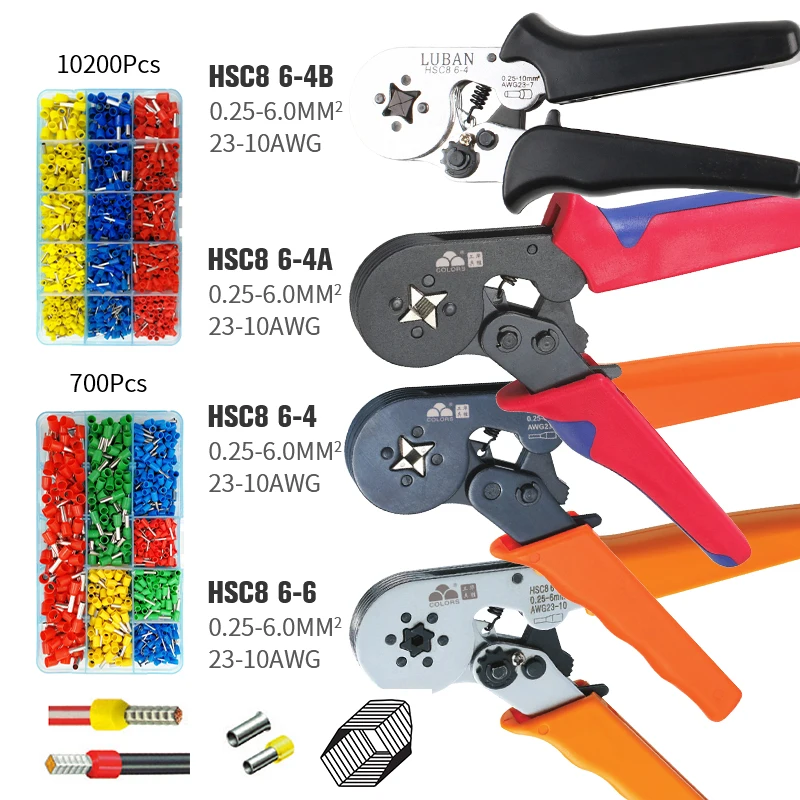 

Tubular Terminal Crimping Tools Mini Electrical Pliers HSC8 6-4A/6-4B/6-6A 0.25-10mm2 23-10AWG Self-Adjustable Crimping Plier