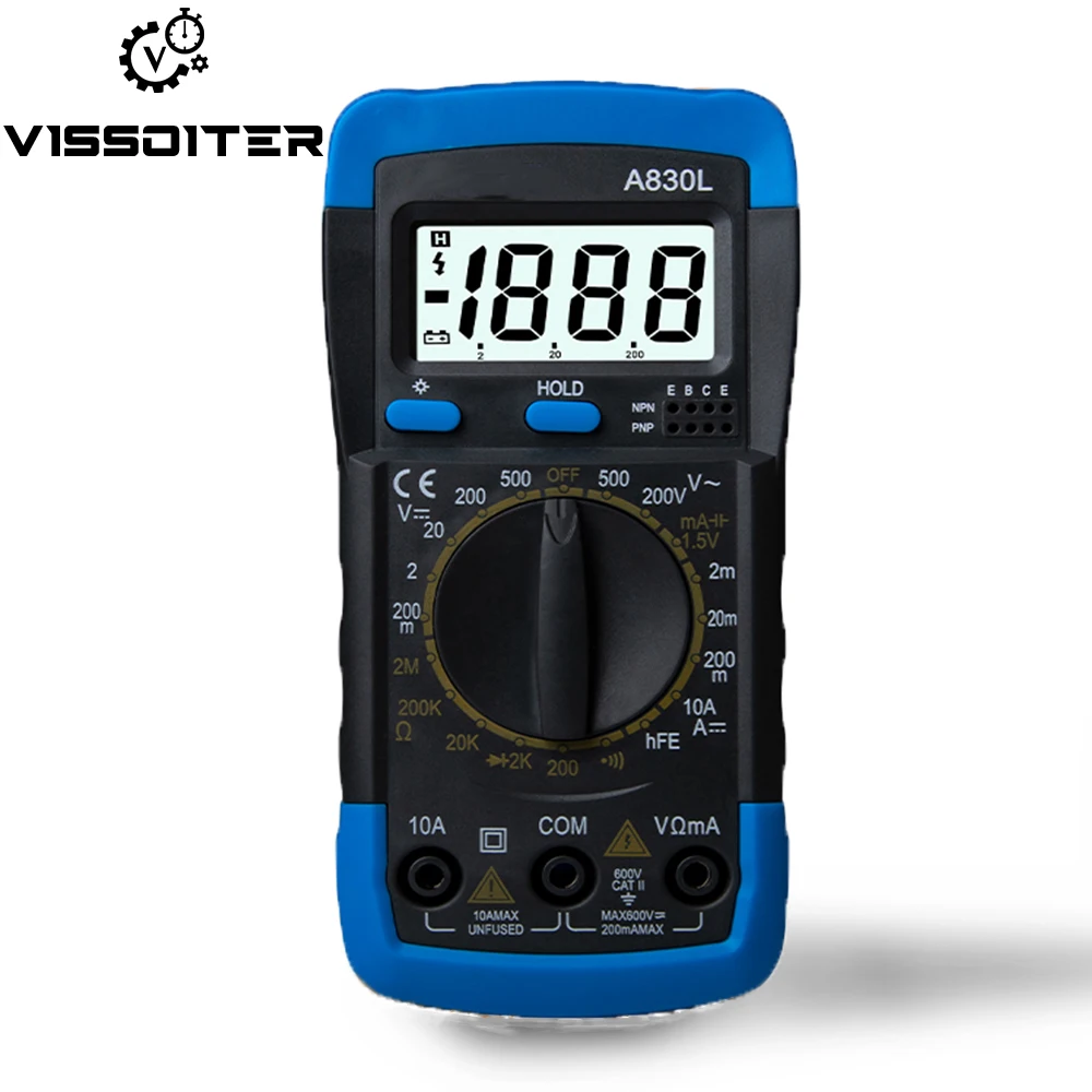 A830L Handheld LCD Digital Multimeter AC/DC Voltage Amp Current Resistance Tester Blue Backlight Meter