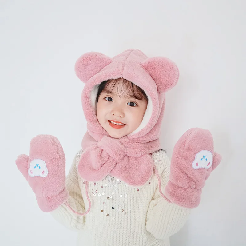 Winter Warm Baby Gloves Thick Soft Plush Cartoon Bear Kids Mittens For Baby Girl Boy Solid Color Full Finger Children Gloves